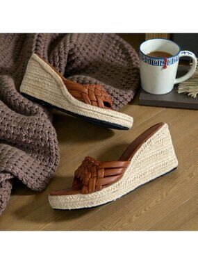 TAN Braided Leatherette Espadrilles Wedges Size 10